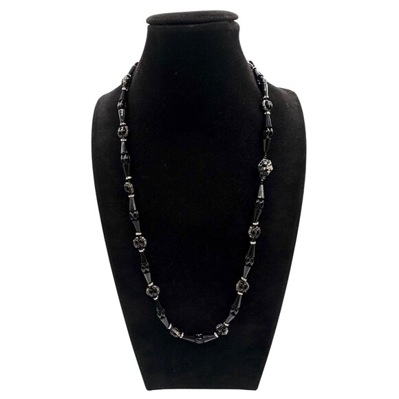Vintage Miriam Haskell Mourning Black Glass And Rhinestone Necklace - Picture 1 of 7